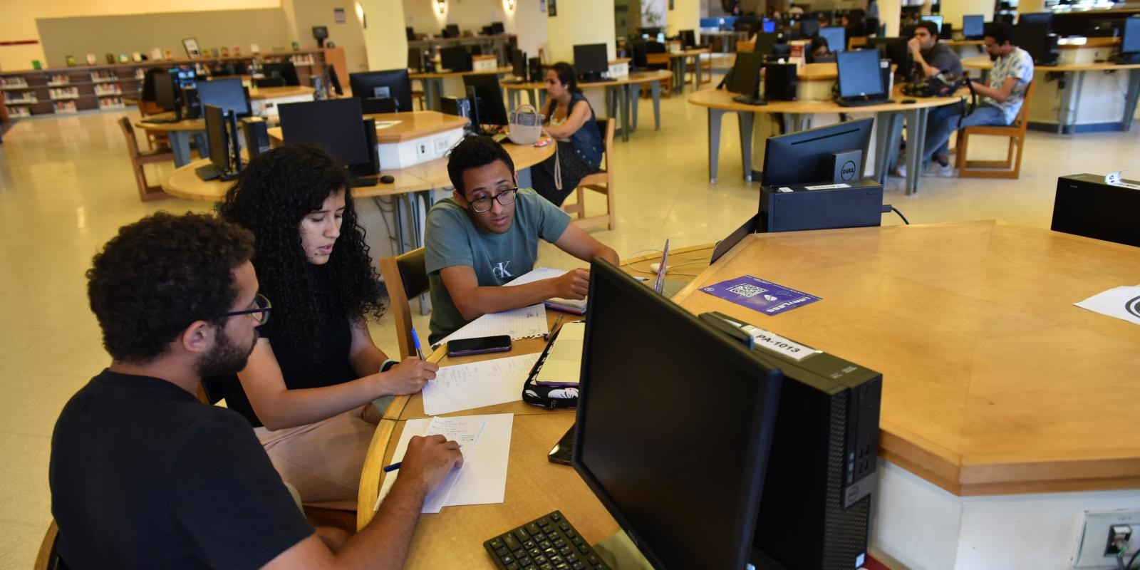 Students sitting in the library and looking into a computer screen