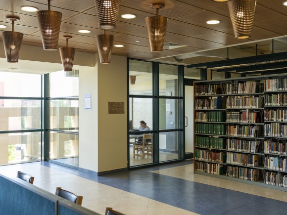 two students working in the library building